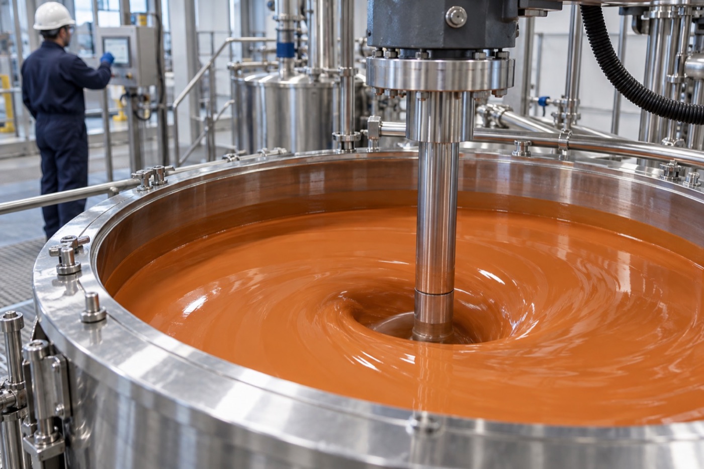Muted orange waterborne coating mixing in a stainless dispersion vessel