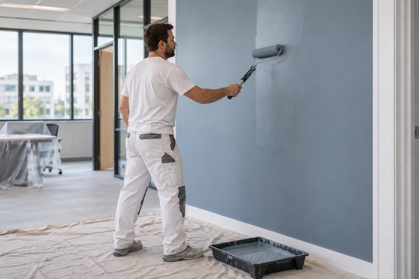 Professional rolling a smooth blue-gray latex paint finish