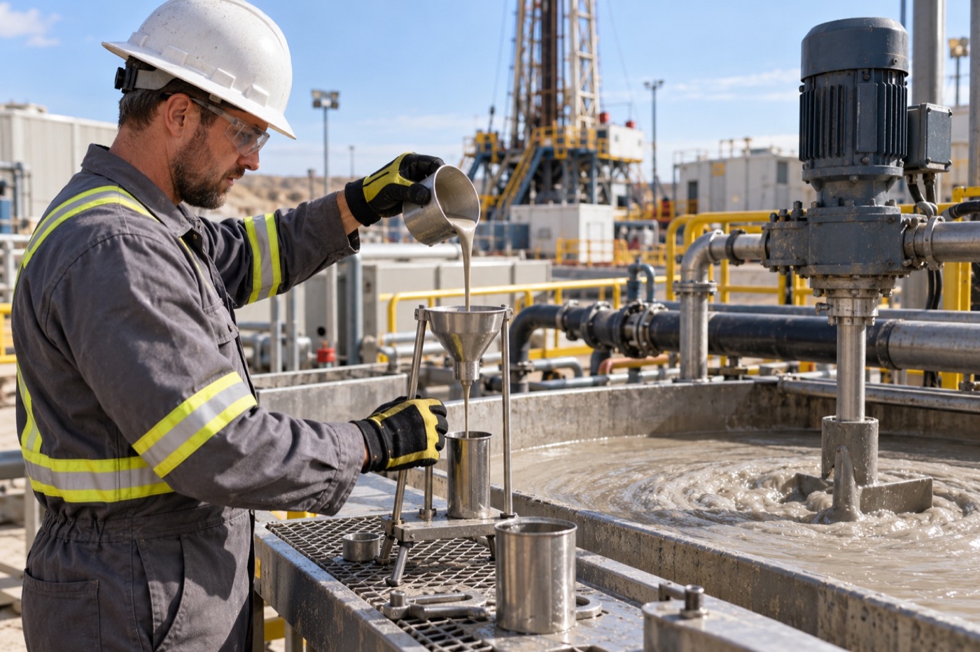 Oilfield technician inspecting water-based drilling fluid beside mixing equipment