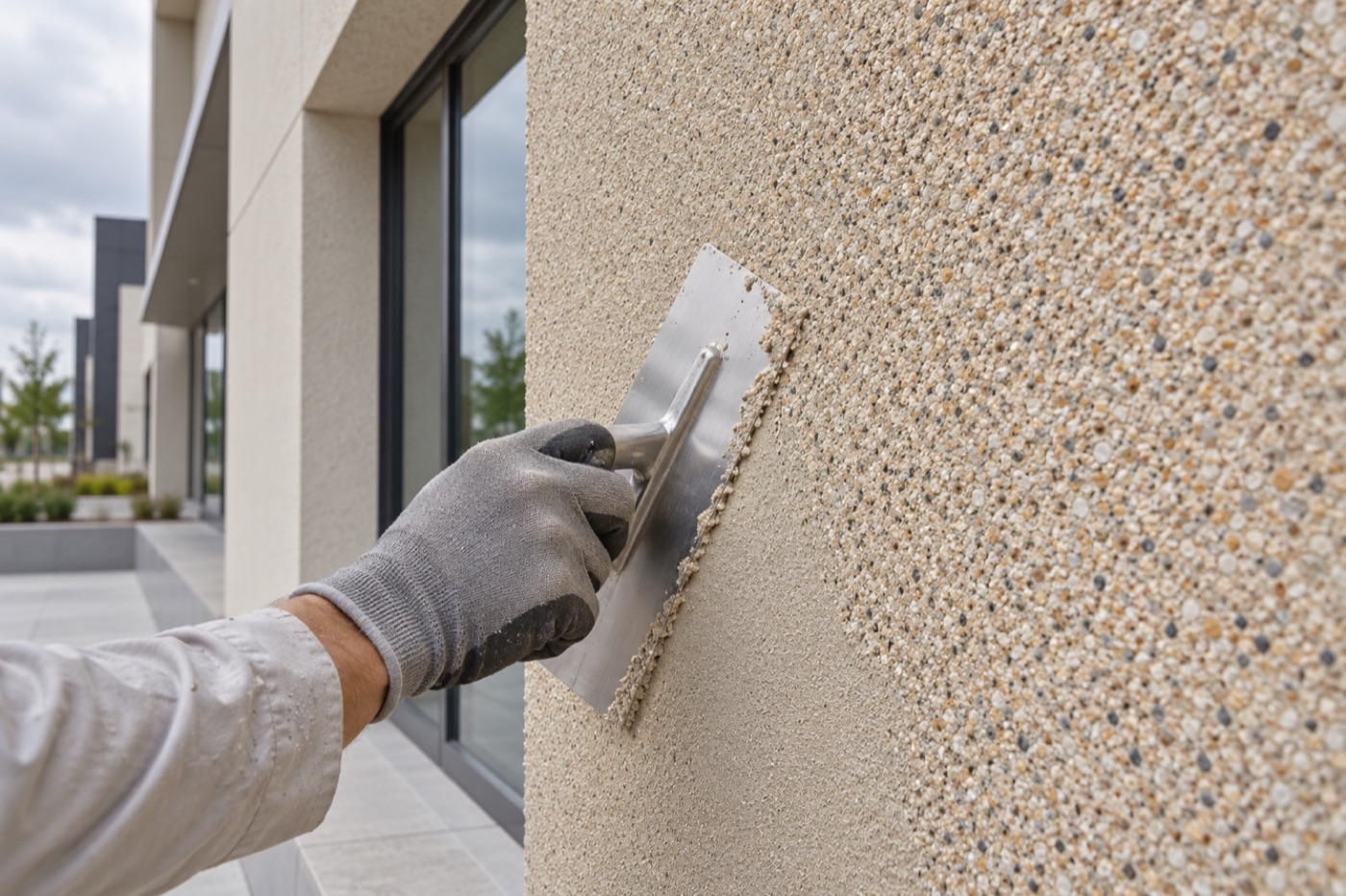 Professional applying a mineral stone-effect textured exterior coating