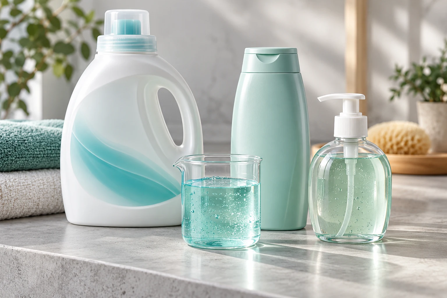 Illustrative unbranded liquid detergent, shampoo and hand soap products with a beaker of thickened liquid