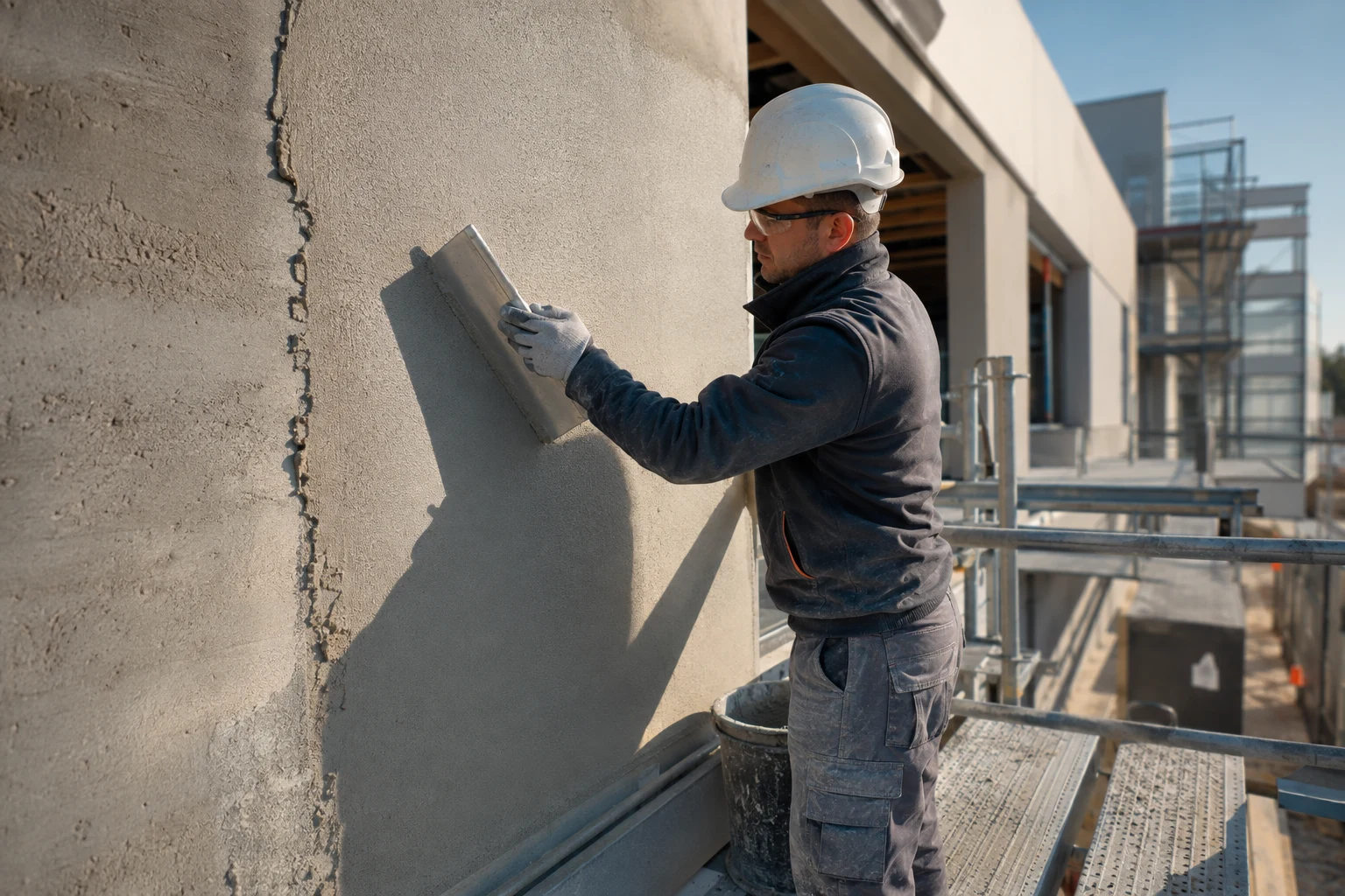 Worker applying render to an exterior wall