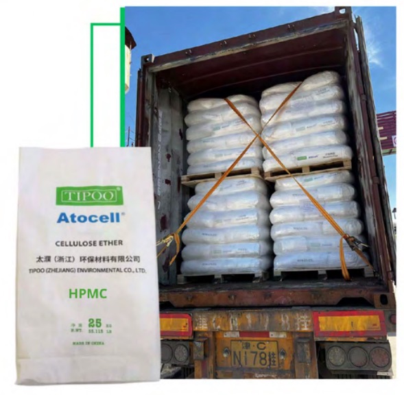 Atocell HPMC 25 kg paper bag and palletized bags loaded in a container, from the TIPOO Group catalog