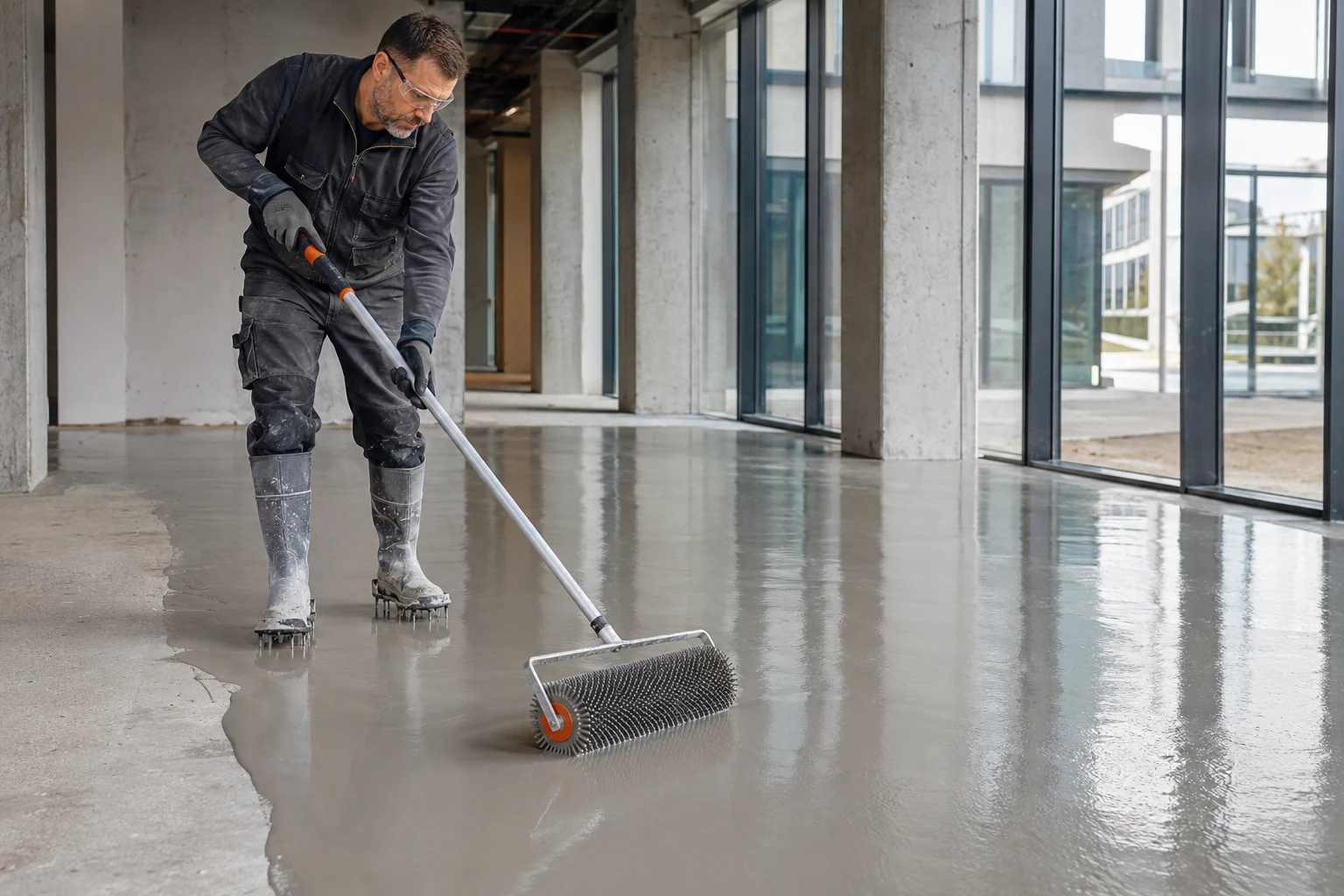 Worker spreading a self-levelling floor compound