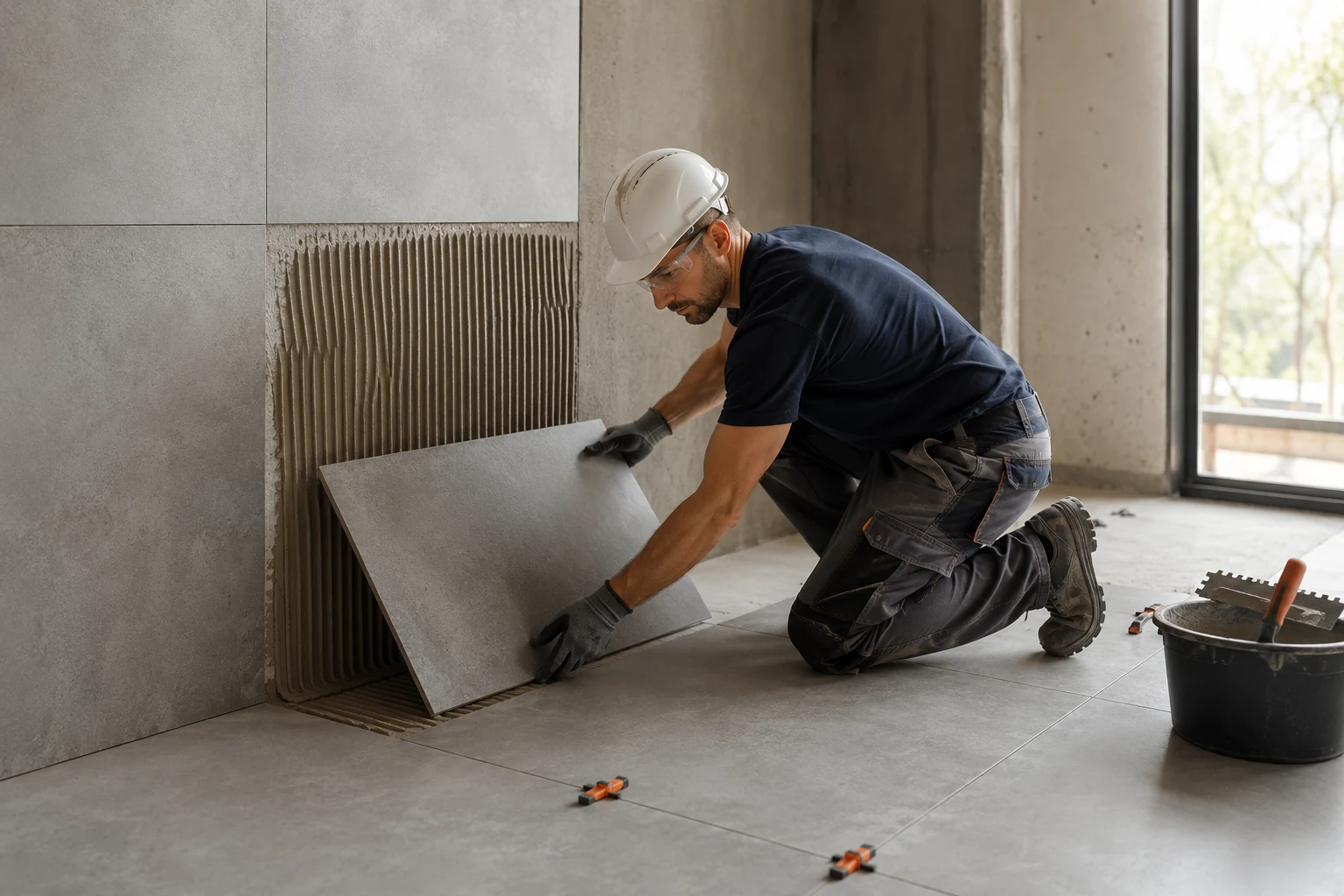 Worker positioning a large tile onto combed tile adhesive