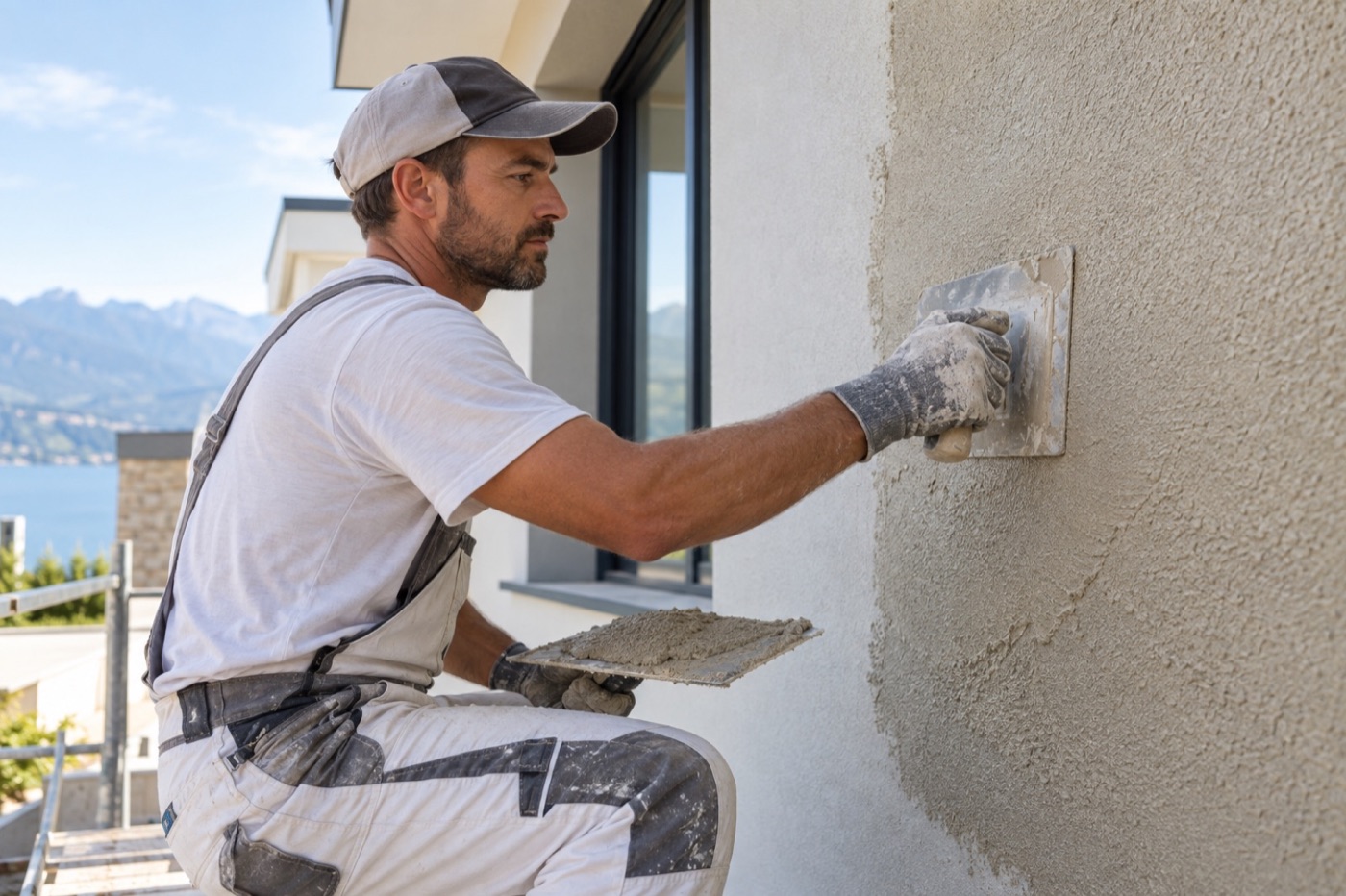 Facade specialist applying colored decorative mineral mortar