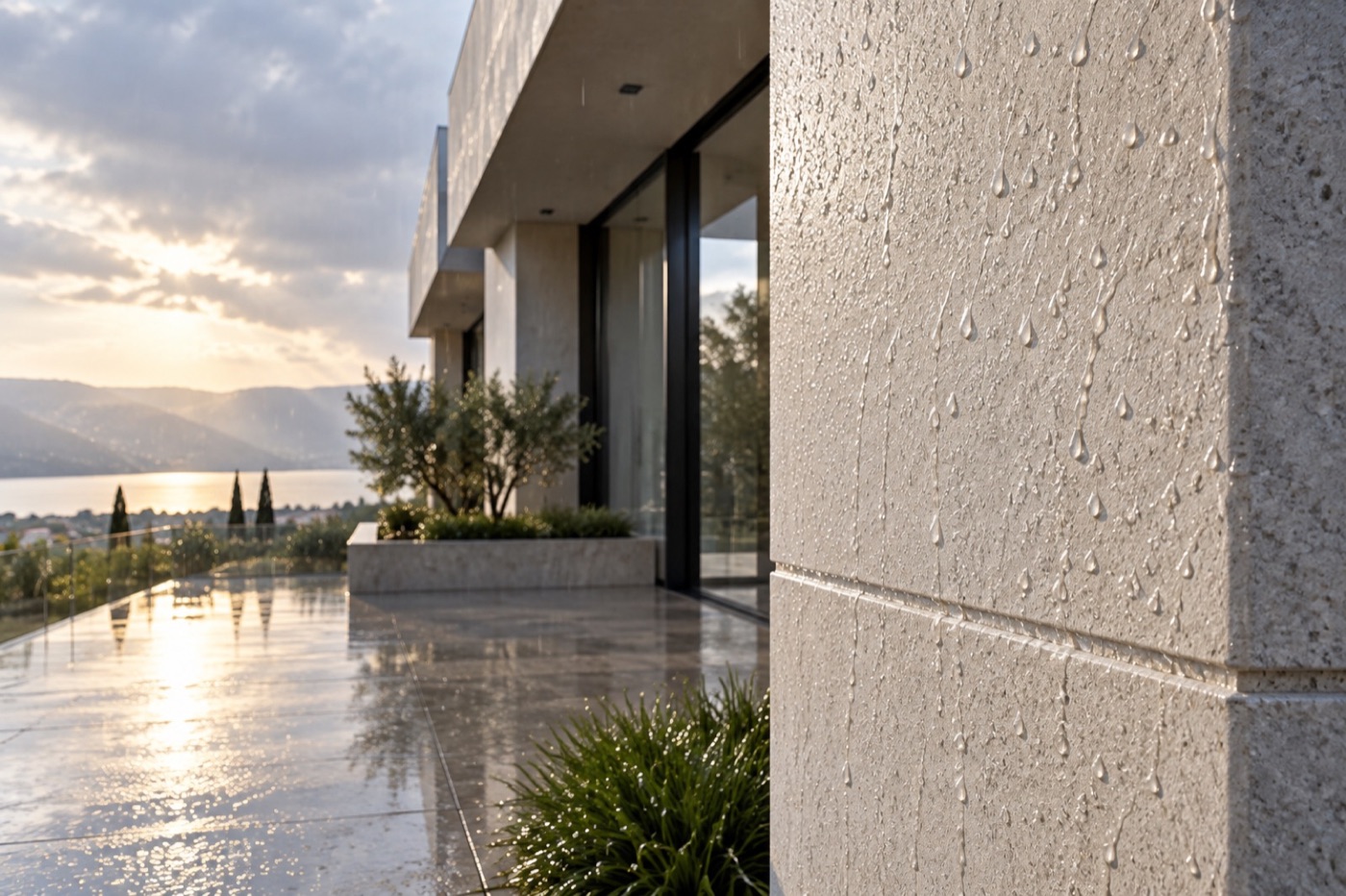 Rainwater beading on a protected mineral facade