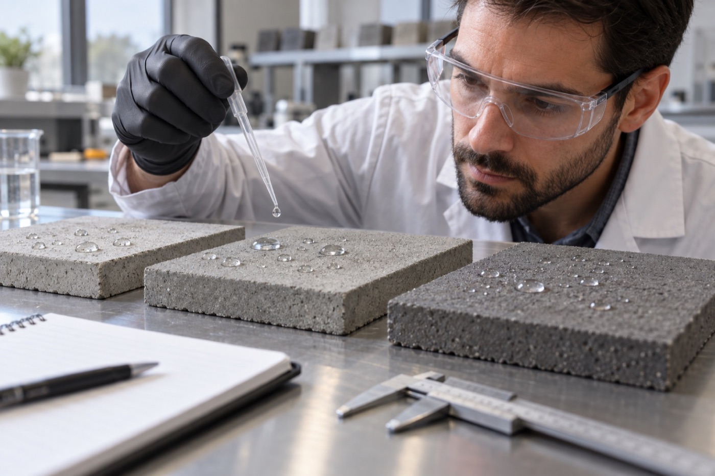 Technician evaluating water absorption on cured mortar test panels