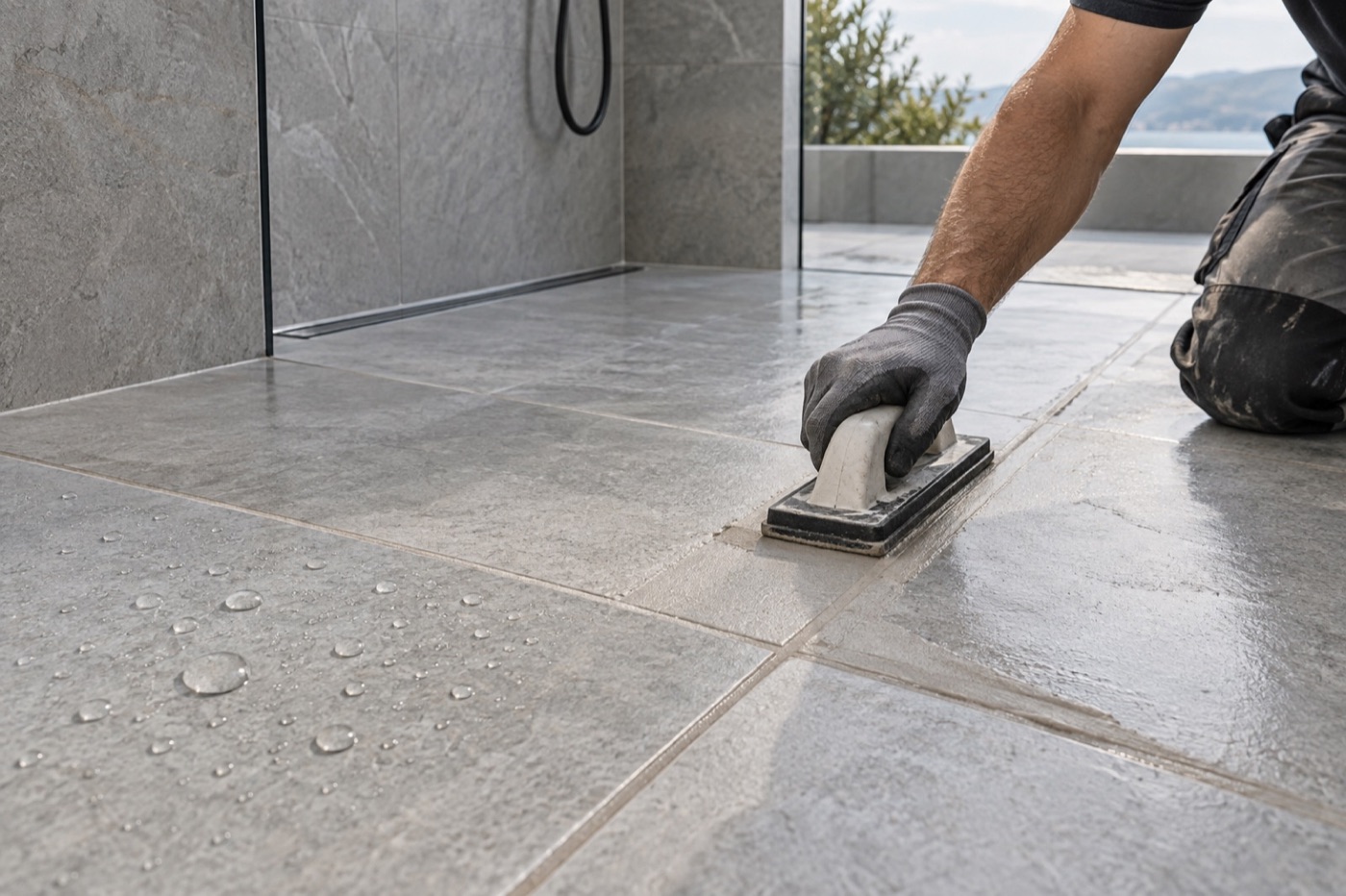 Professional finishing tile grout with water beading on a cured tiled surface