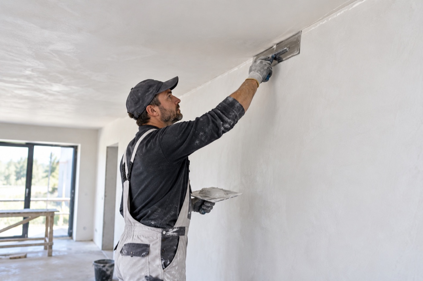 Plasterer finishing gypsum plaster at an interior wall and ceiling junction