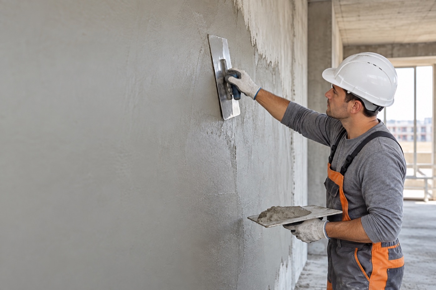 Professional applying cement plaster to an interior wall