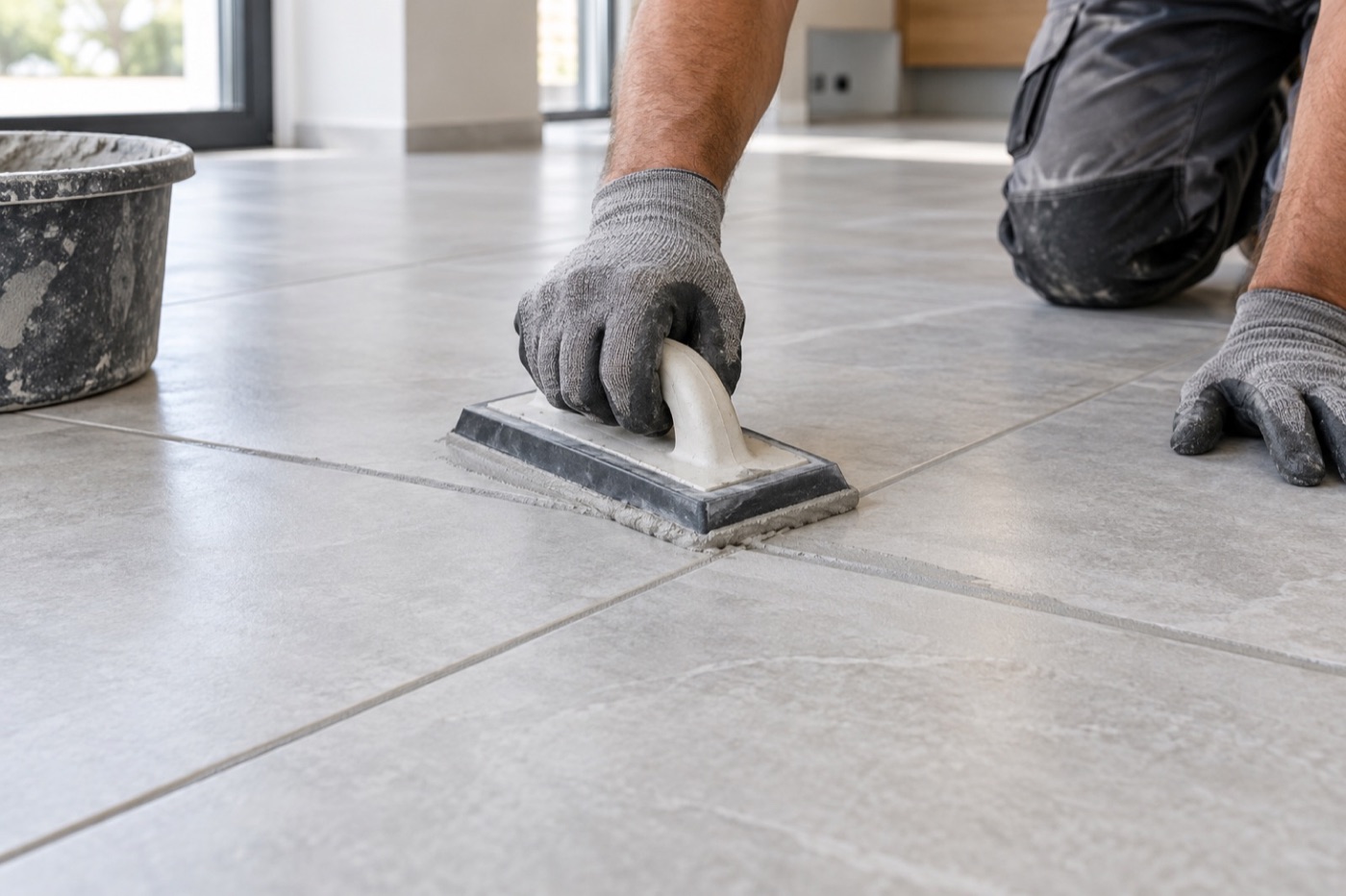 Professional finishing light gray tile grout joints with a rubber float