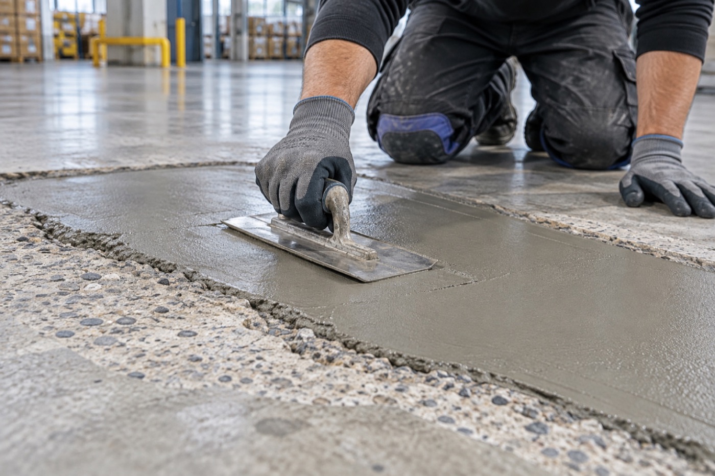 Crew installing a pale gypsum-based self-leveling floor compound