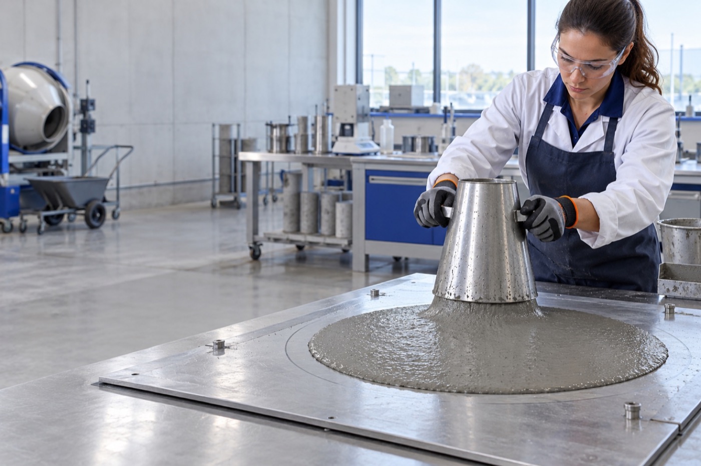Materials technician performing a concrete slump-flow test
