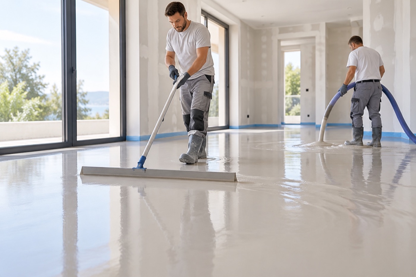 Professional finishing cementitious repair mortar in a prepared floor area