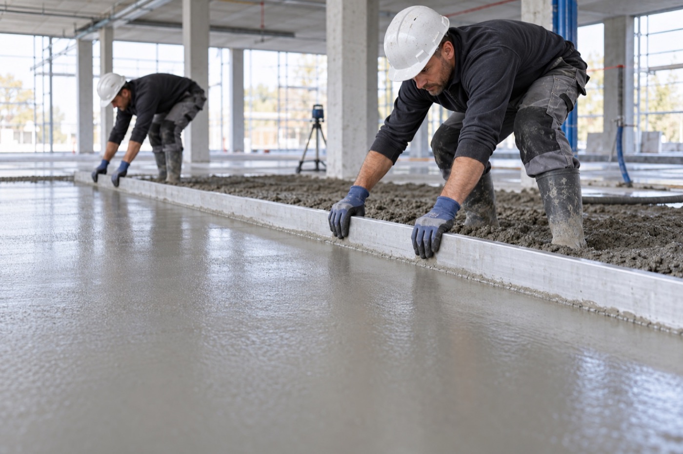 Crew striking off a fresh cement-based screed layer