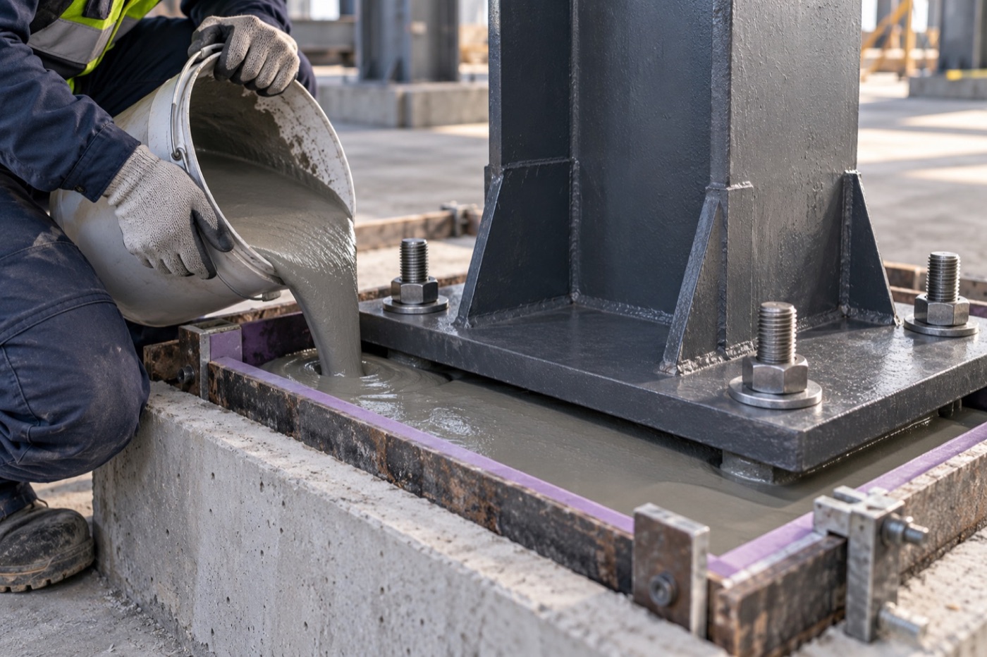 Technician placing fluid cementitious grout beneath a steel column base plate