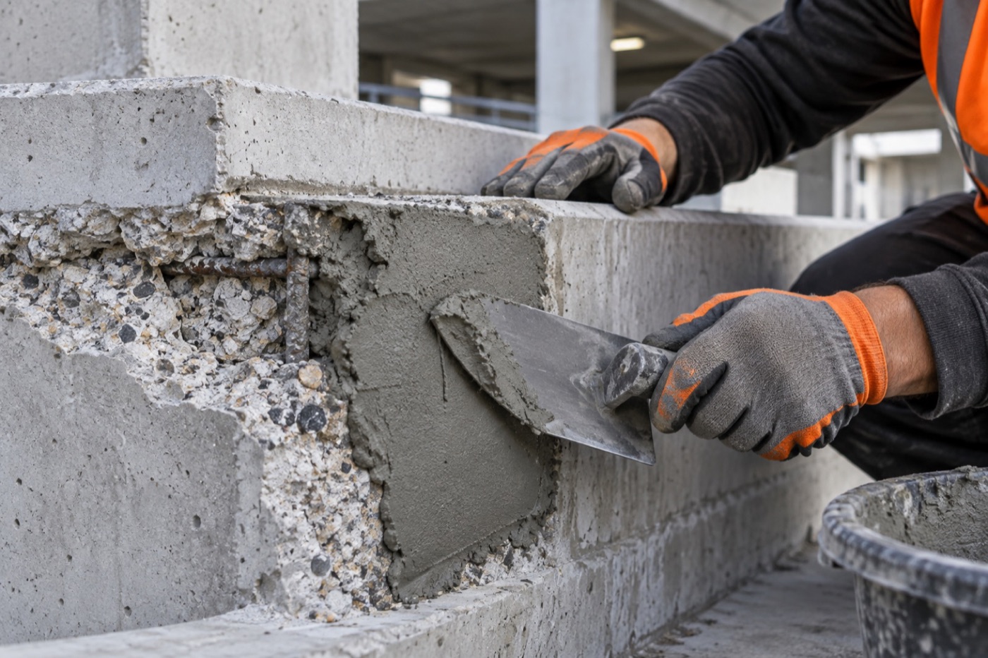 Professional repairing a prepared concrete edge with polymer-modified mortar