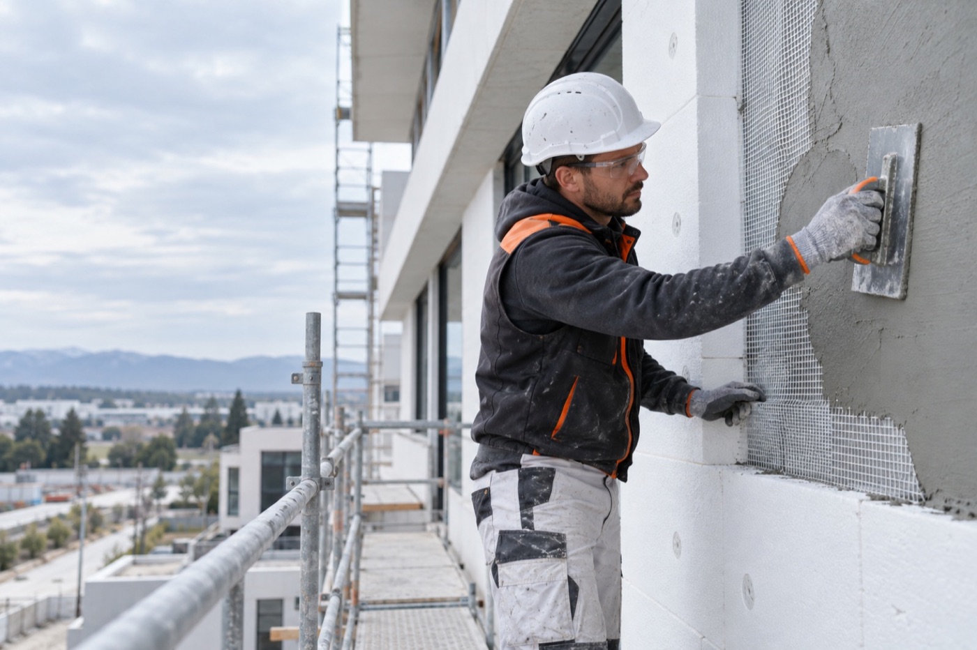 Professional embedding reinforcing mesh in ETICS base-coat mortar