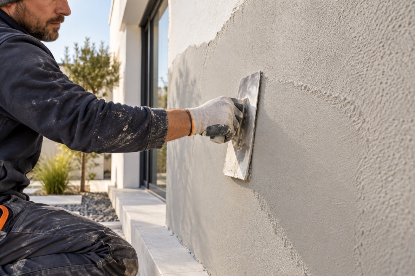 Facade finisher smoothing fresh mineral render on an exterior wall