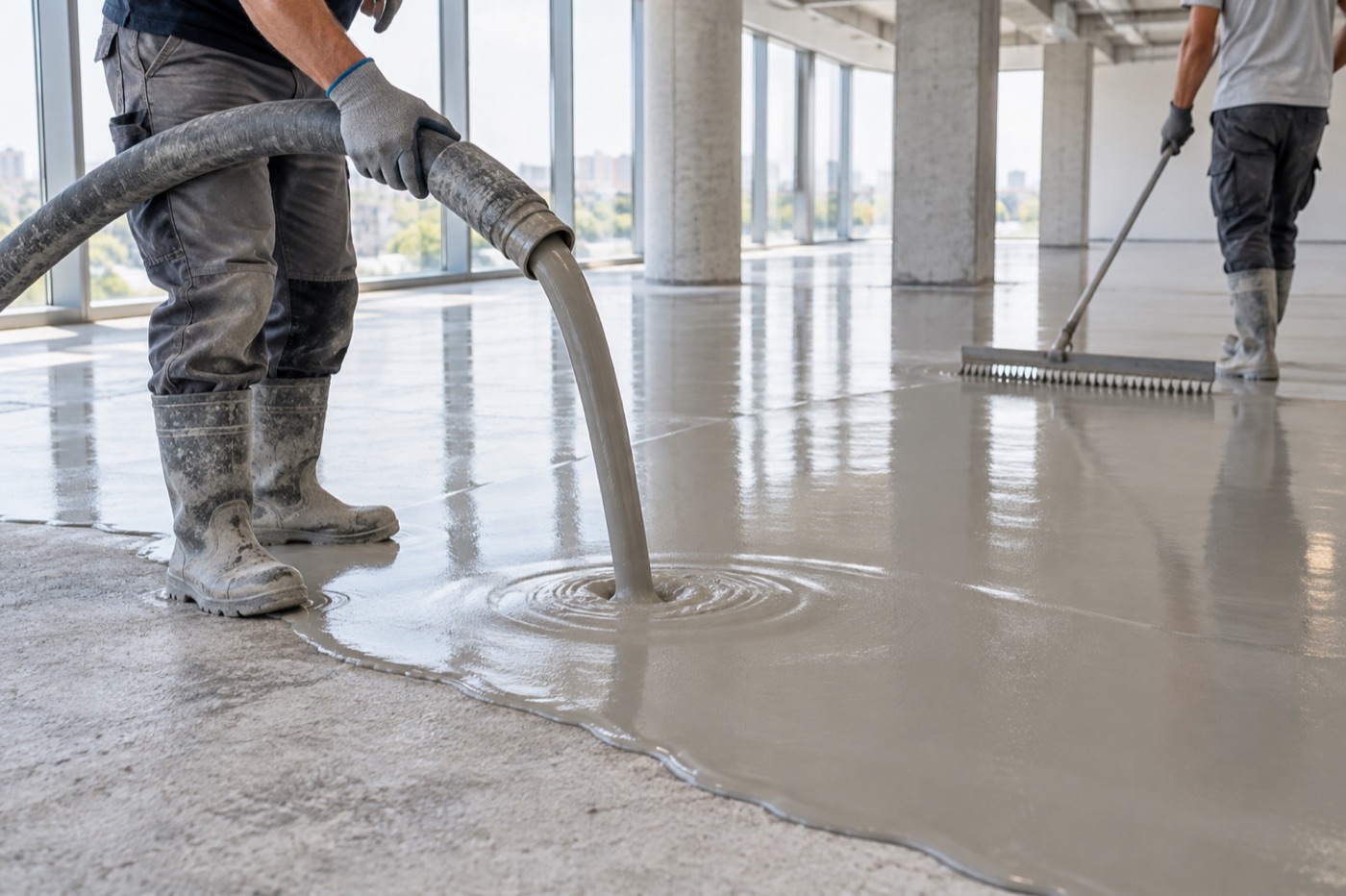 Flooring crew pouring and spreading cement-based self-leveling compound