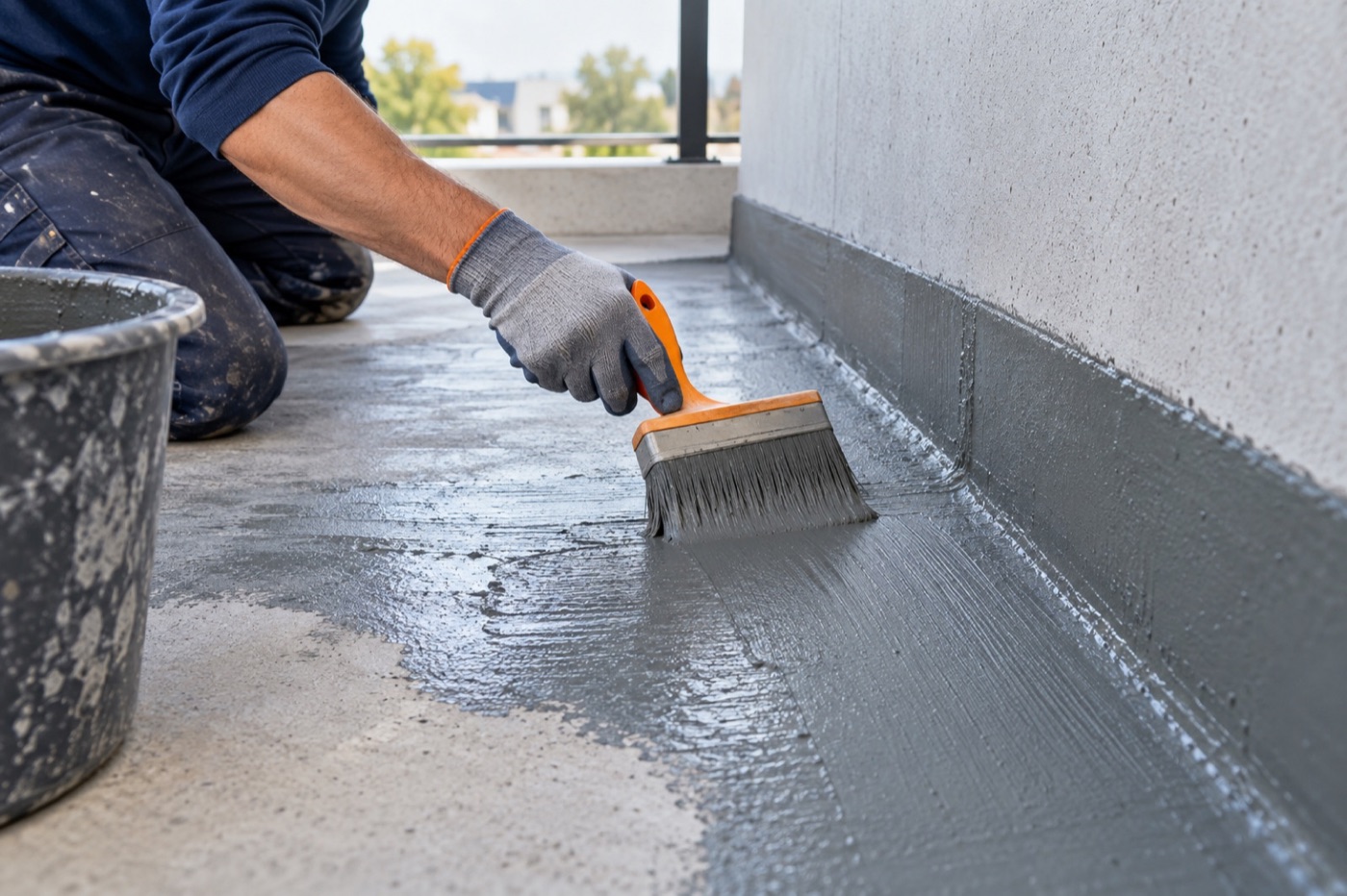 Professional brushing cementitious waterproofing membrane over a concrete junction